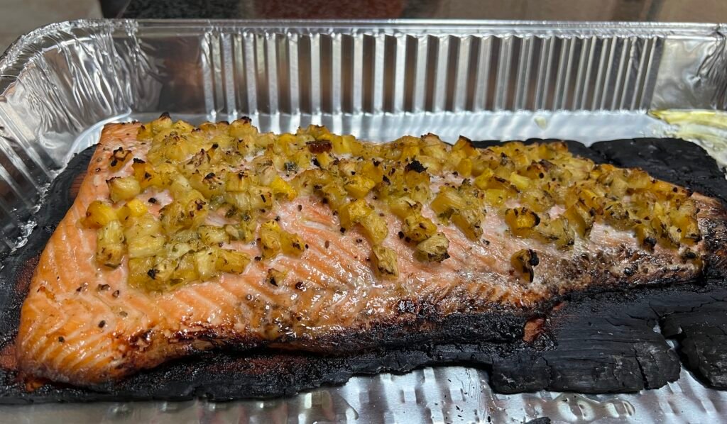 Baked salmon with pineapple compote